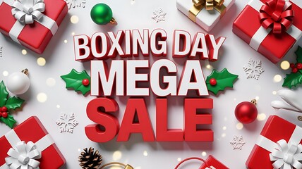 Boxing day mega sale text with festive holiday decorations and gift boxes on a white background celebrating post christmas shopping