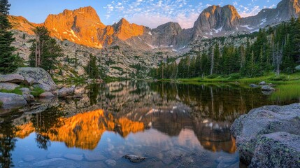 Obraz premium Sunrise reflecting on a calm alpine lake with majestic mountain peaks.