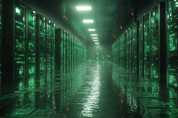 Long row of servers in dark hallway with green lights.
