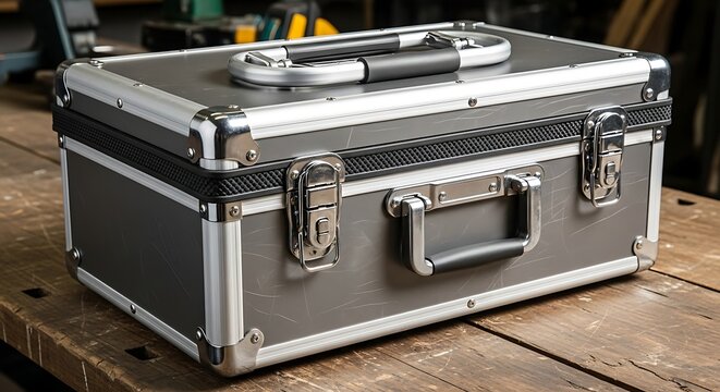 Gray Metal Tool Case on Wooden Tabletop.