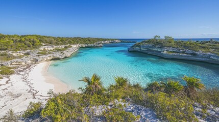 Secluded cove with pristine white sand beach and turquoise water.