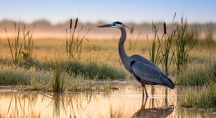 Fototapeta premium Great Blue Heron wading in a tranquil marsh at sunrise.