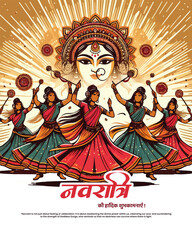 Navratri festival background with Garba dance, Dandiya sticks, and Durga worship in vibrant colors.