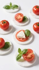 Fresh tomato, basil, and feta cheese appetizers arranged on marble coasters