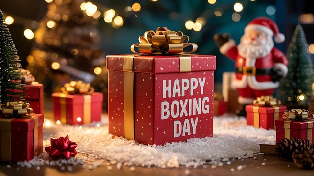 Festive boxing day gift box with happy boxing day text surrounded by christmas presents and santa claus