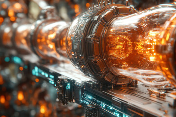 Futuristic spaceship with glowing orange light.