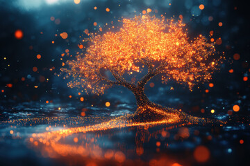 Glowing lights behind a tree.