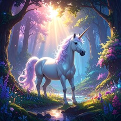 Majestic unicorn in a sunlit forest glade