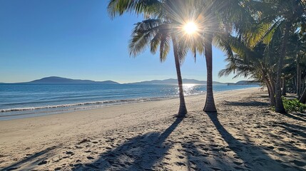 Tropical beach sunrise with palm trees casting shadows on white sand.