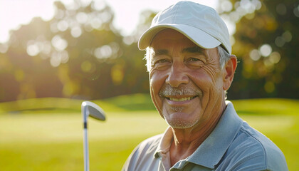 Elderly man in golf club on green field, cheerful expression, blurred golf course with.