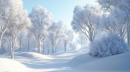 Sunlit snow-covered winter forest landscape.