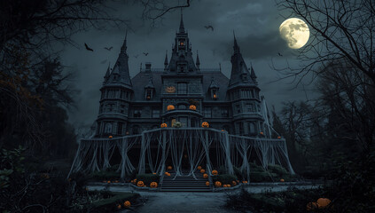 Halloween night haunted house with pumpkins, fog, and full moon sky background