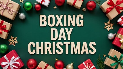 Festive boxing day christmas sale with wrapped gifts and ornaments on a dark green background