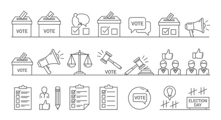 Election Icons Set  Vote Ballot Box Checkmark Speaker Justice Scale and Political Symbols Collection