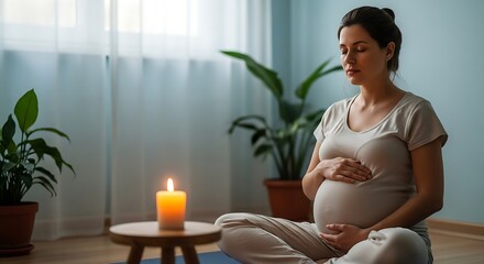 Pregnant woman meditating peacefully with candle in serene home setting.