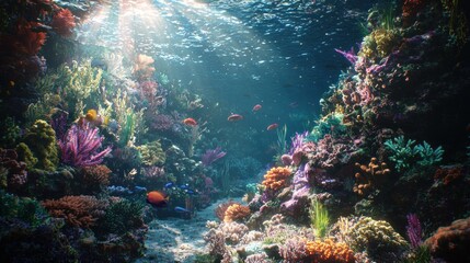 Sunlit vibrant coral reef teeming with colorful fish.