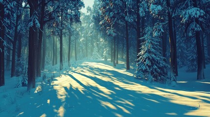 Sunlit path through snowy winter forest. (2)