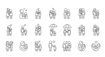 Family Icon Set  Parents Babies Children and Relationships Line Art Vector Illustrations