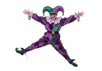 Isolated jester jumping in the air dressed in a colorful outfit with a mask and a hat