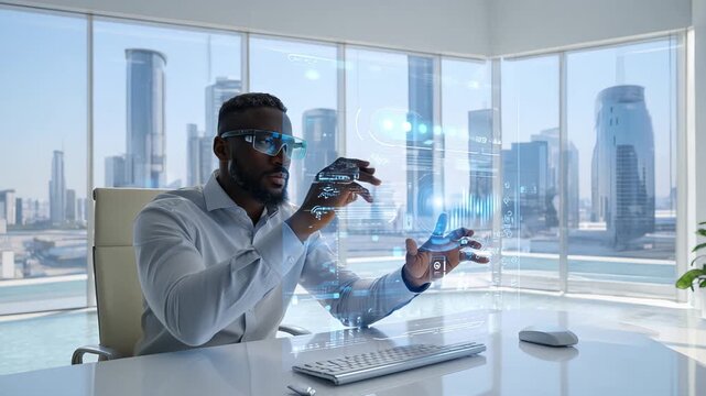 Professional in Smart Glasses Interacting with Holographic Data