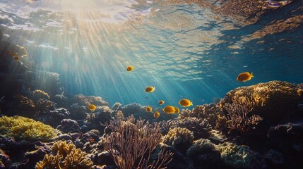 Sunbeams illuminate vibrant coral reef and fish. (5)
