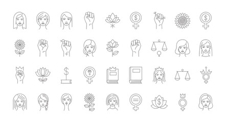 Feminism Icon Set  Woman Empowerment Equality Female Power Rights and Gender Symbols Line Art Collection