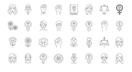 Feminism Icon Set  Women Empowerment Equality Rights and Female Symbols Line Art Collection