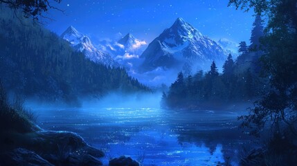Misty night lake reflecting snow-capped mountains and starry sky.