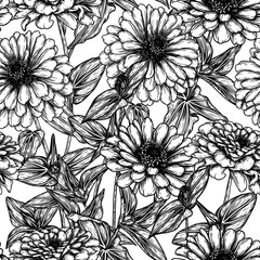 Vector seamless garden pattern with zinnia in engraving style. Autumn flowering background