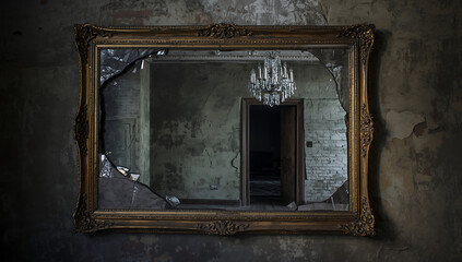 Spooky abandoned room seen through a broken mirror in eerie dim light