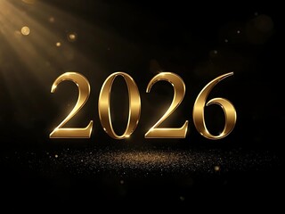 Luxury Black & Gold. Happy New Year 2026 with elegant serif font, golden metallic shine, black background with soft spotlight and glitter, premium luxury party theme.
