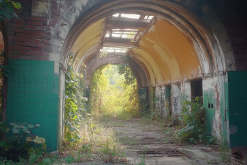 Green door at end of brick tunnel.