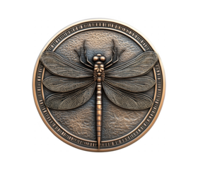 Bronze dragonfly design etched onto a circular emblem with transferent background and fine details