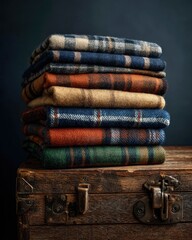 Stacked Plaid Blankets on Rustic Wooden Chest
