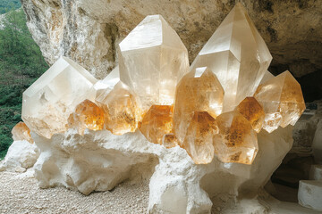 Large cluster of quartz crystals on rock.