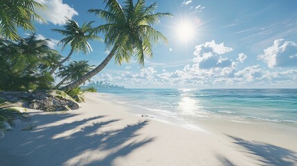 Idyllic tropical beach scene with palm trees, white sand, and turquoise ocean under a bright sun.