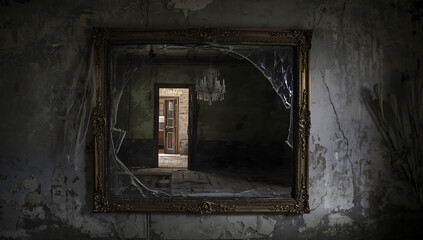 Broken mirror reflecting an old wooden door in an abandoned, haunted house interior