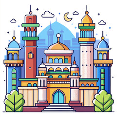 Vibrant islamic mosque architecture with crescent moon and stars illustration