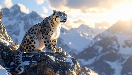 Fototapeta premium Snow leopard perched atop a rocky mountain with a stunning vista backdrop