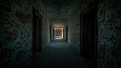 Abandoned Dark Hallway with Peeling Walls – Creepy Haunted Building Interior