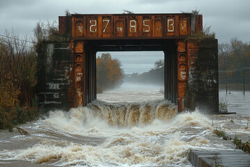 Flooded bridge over flowing river.