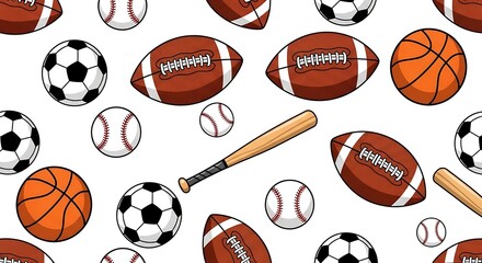 Sports Equipment Pattern - Footballs, Baseballs, Basketballs, Soccer Balls, and Bats.