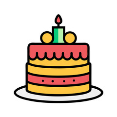 A festive two tiered birthday cake with a single candle and decorations