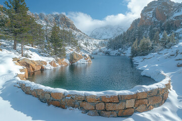 Snow-covered mountains reflect on a serene lake below.