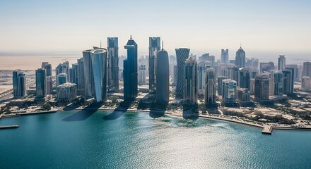 Doha Skyline with Modern Skyscrapers and Calm Waters.