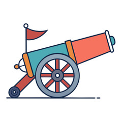 Colorful cartoon cannon with a red flag on a white background