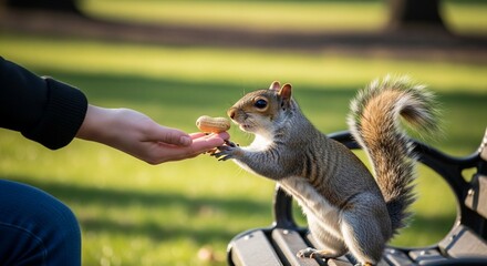 A heartwarming moment: A person gently feeds a peanut to a curious grey squirrel perched on a park bench bathed in the warm sunlight of a beautiful day.