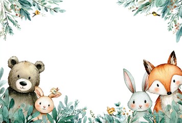 Woodland cartoon Animals watercolor illustration template. Pre made frame for baby shower, birthday invitation kids baby deer, fox in the forest. Cute bear, rabbit and birds. High quality