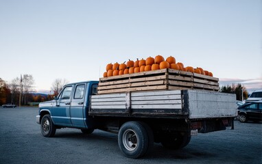 A blue truck carries wooden crates filled with pumpkins at a farm in the evening light of autumn