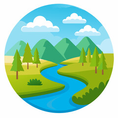 Obraz premium Serene mountain landscape with winding river and evergreen trees
